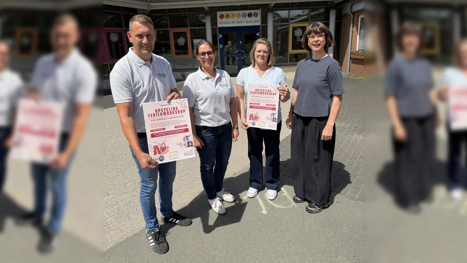 Zum Upcycling-Kurs laden (v.l.) Nico und Andrea Überdick (Verein „Heimatleben“), Michaela Holdreich (Familiengrundschulzentrum) und Ivonne Meyer, Zero-Waste-Managerin des Kreises Höxter, ein. (Foto: Kreis Höxter)
