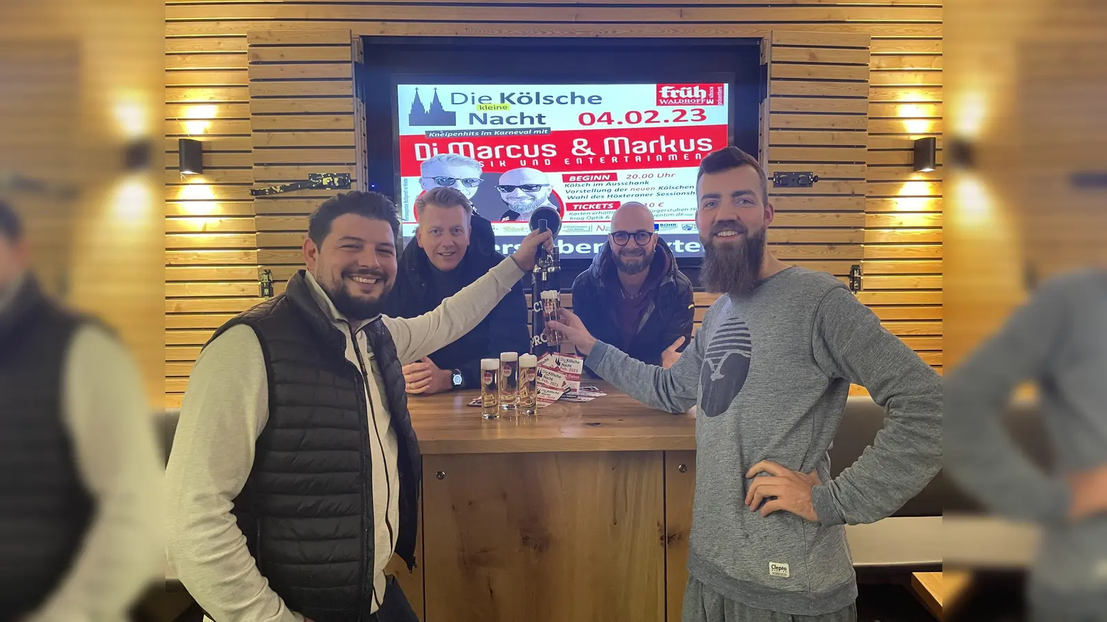 Freuen sich auf die Kölsche-Kneipennacht: Die Bürgerstubenwirte Jan Herrfurth und Andy Rüther (v.v.l.) und die Dj`s Markus Finger und Marcus Stiera (h.v.l.). (Foto: privat)