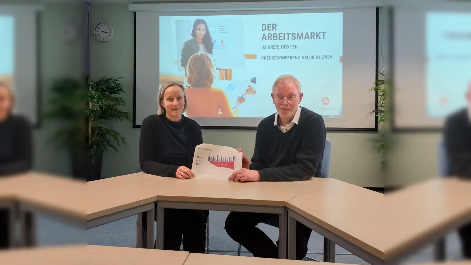 Andrea Wesemann, Leiterin der Geschäftsstelle Höxter-Warburg der Agentur für Arbeit, und Heinz Thiele, Vorsitzender der Geschäftsführung der Agentur für Arbeit Detmold-Paderborn. (Foto: privat)