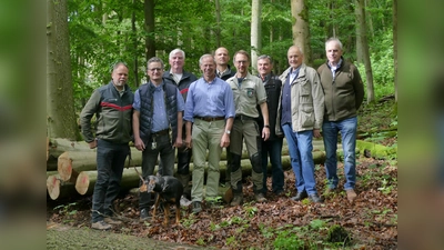 Vorstandsmitglieder der FBG Hochstift, Vertreter des Kleinprivatwaldes sowie die Förster vom Regionalforstamt Hochstift freuen sich über die gelungene Fusion (v.l.): Roland Schockemöhle, Hans Rudolf Ising, Werner Hartmann, Christoph Johlen, Christoph Wiegand, Stefan Befeld, Burkhard Rhode, Hans Josef Hanewinkel und Hans Hugo Schuchard. (Foto: Simone Hartmann /Wald und Holz NRW)