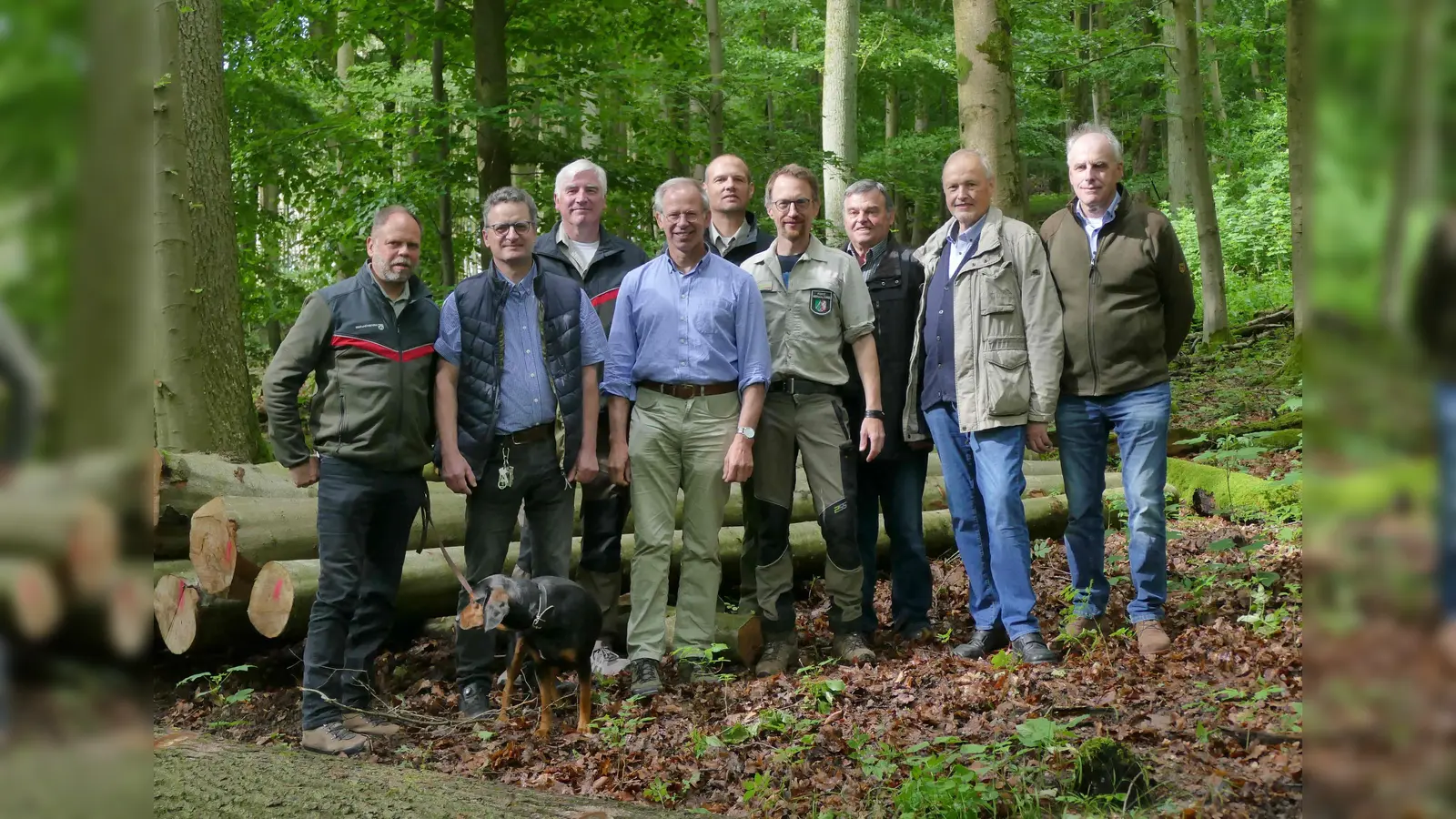 Vorstandsmitglieder der FBG Hochstift, Vertreter des Kleinprivatwaldes sowie die Förster vom Regionalforstamt Hochstift freuen sich über die gelungene Fusion (v.l.): Roland Schockemöhle, Hans Rudolf Ising, Werner Hartmann, Christoph Johlen, Christoph Wiegand, Stefan Befeld, Burkhard Rhode, Hans Josef Hanewinkel und Hans Hugo Schuchard. (Foto: Simone Hartmann /Wald und Holz NRW)