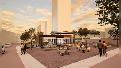 So soll sich das Café in das Bild des Neustadt-Marktplatzes einfügen: Vorn eine der Terrassen vor dem neuen Anbau, rechts dahinter der bestehende Pavillon. Links die Hauptstraße, im Hintergrund sind Neustadt-Kirche und die Kulisse des Marktplatzes angedeutet. (Grafik: Bassani und Partner Architekten)