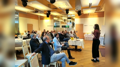Leonie Grothues, Klimaschutzagentur Weserbergland, stellt Mitarbeitenden der Verwaltung und der beteiligten Einrichtungen vor, wie die Einführung von Energiesparmodellen aussehen und auf besondere Gegebenheiten der Einrichtungen angepasst werden kann. (Foto: Klimaschutzagentur Weserbergland)