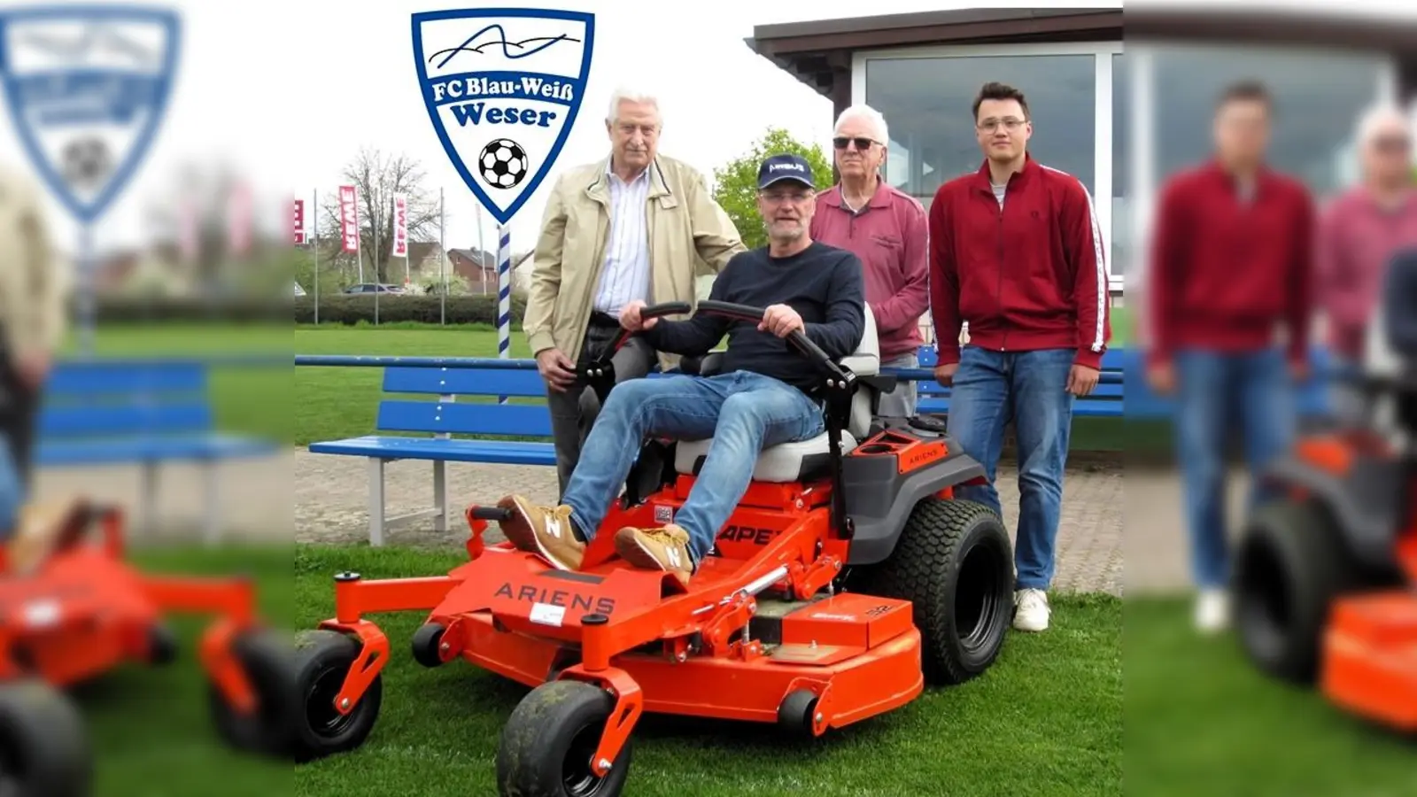 V.l.: Gerhard Büttcher (Vorstandsvorsitzender Bürgerstiftung), vom FC Blau-Weiß Weser: Platzwart Ralf Schreck auf dem neuen Mäher, Finanzvorstand Zehdin Piljug, Rasen-Verantwortlicher Melvin Schreck. (Foto: privat)