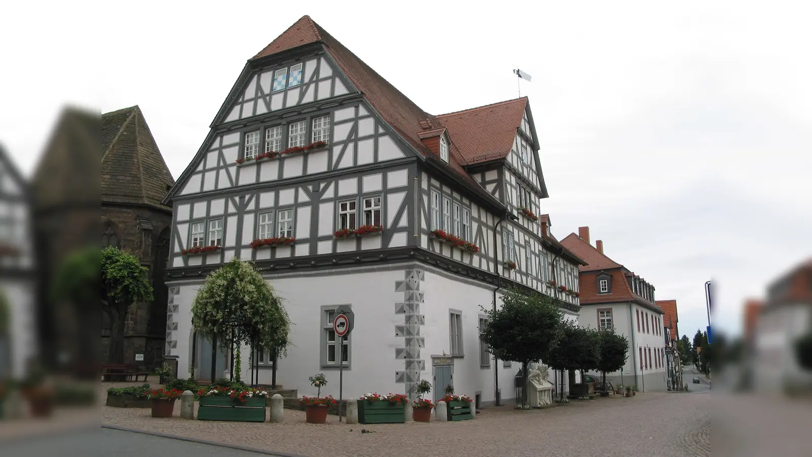 Aufgrund der geplanten Sanierung der Kellerabdichtung des Rathauses müssen die vor dem Rathauseingang befindlichen Bäume gefällt werden. (Foto: Stadt Grebenstein)