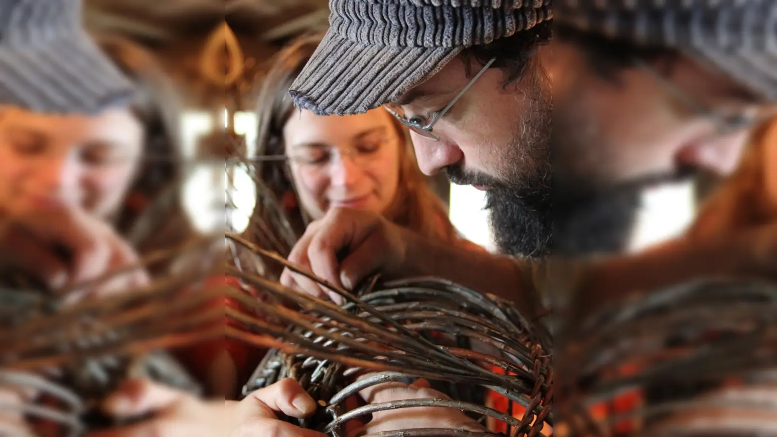 Karen Gossart und Corentin Lavalbeim Flechten eines Kunstwerks. (Foto: privat)