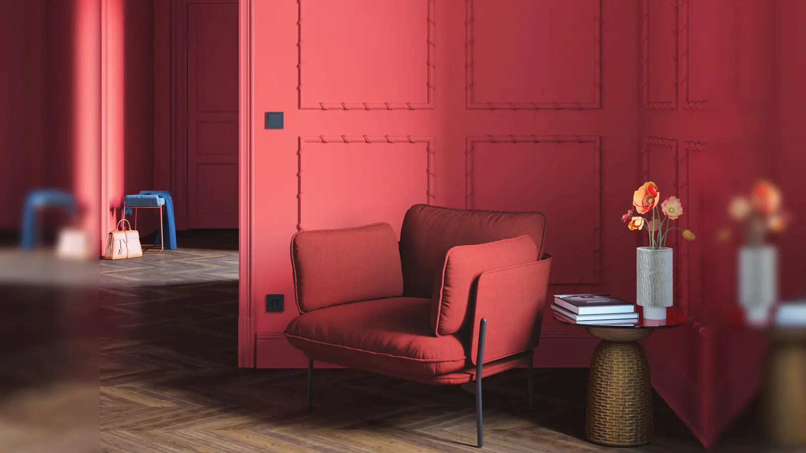 In der Lese-Ecke besticht das dynamische Rot.  (Foto: DJD/Brillux Zuhause)