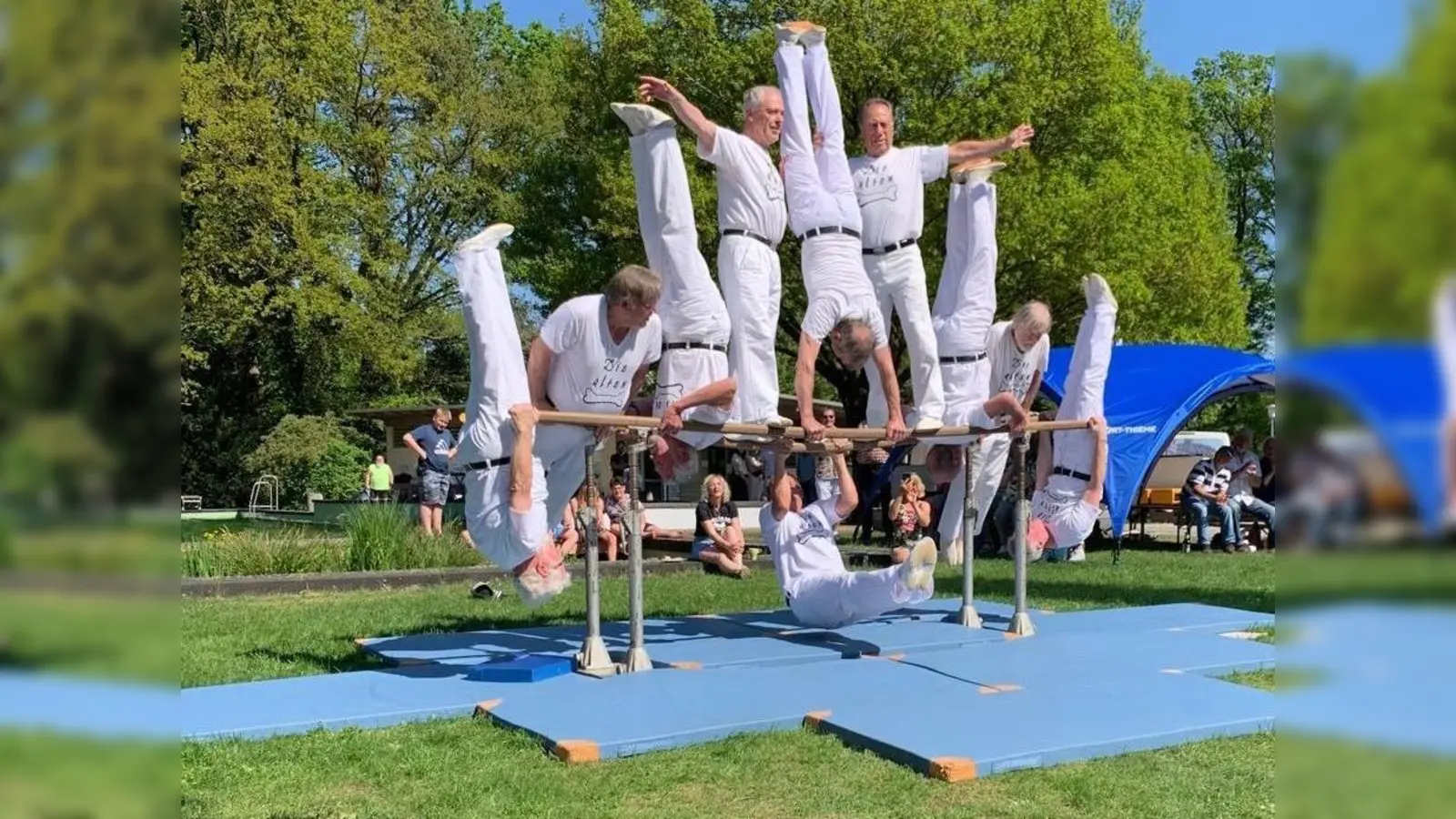 Die „Alten Knochen“ aus Nienburg – die wohl älteste Boygroup der Welt am Barren. (Foto: privat)