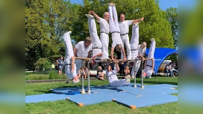 Die „Alten Knochen“ aus Nienburg – die wohl älteste Boygroup der Welt am Barren. (Foto: privat)