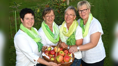 Schmeckt lecker, komm vorbei: „Rund um den Apfel: Ein beliebtes und vielseitiges Obst“ - unter diesem Motto lädt der Landfrauen-Stadtverband Borgentreich ein, von links Rita Schlüter, Ute Lattrich, Monika Aufenanger und Marlene Dierkes. (Foto: Thomas Kube)