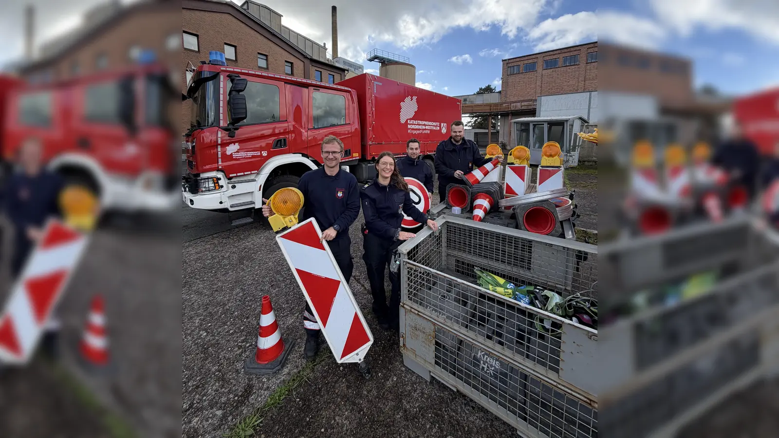Bereit für den „DIEMELSTURM“ (v.l.): Florian Mantel, Joana Brune, Patrick Augstein und Sören Krelaus von der Abteilung Feuer-, Katastrophen- und Zivilschutz des Kreises Höxter verwandeln mit vielen Kolleginnen und Kollegen derzeit die ehemalige Warburger Zuckerfabrik in die Kulisse für eine der größten Katastrophenschutzübungen in Ostwestfalen-Lippe. Organisiert wird die Übung vom Kreis Höxter in enger Zusammenarbeit mit der Landesstelle für den Katastrophenschutz, der Bezirksregierung Detmold und der Freiwilligen Feuerwehr Warburg. (Foto: Kreis Höxter)