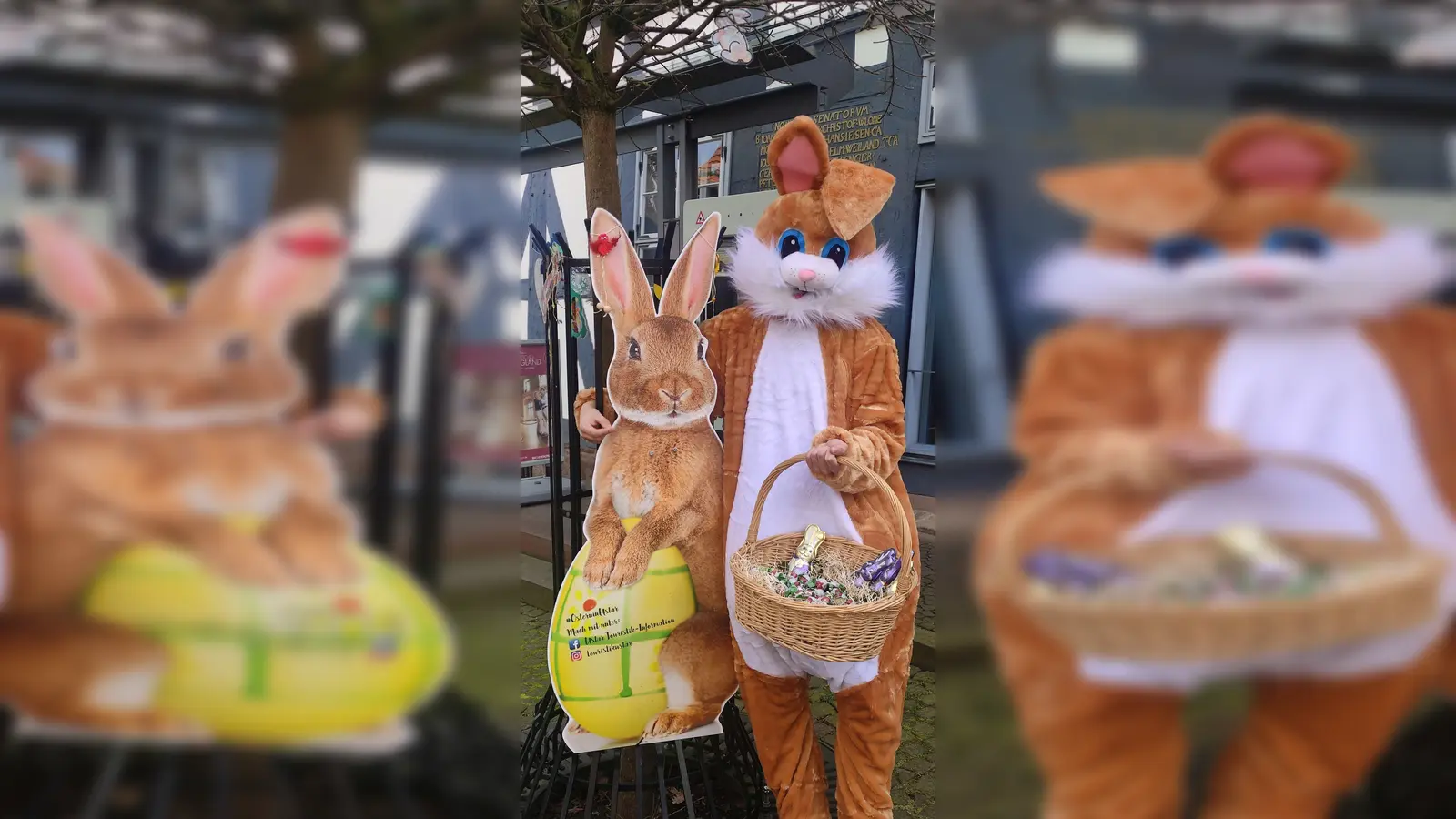 Hinter den Osterhasensilhouetten in der Altstadt Uslar versteckt sich ein spannendes Gewinnspiel. Am Gründonnerstag verteilen Osterhasen als Walking Act Schokoladeneier. (Foto: Touristik-Information Uslar/C. Filpe)