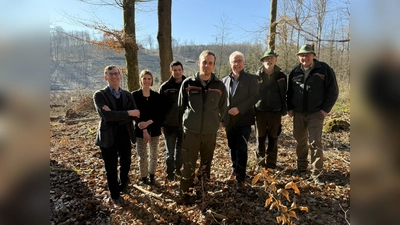 Warburgs Bürgermeister Tobias Scherf (v.l.), Larissa Schäfers (Stadt Warburg: Forst- und Jagdwirtschaft), Nikolas Osburg (Leitung Gemeindeforstamt Willebadessen), Norbert Hofnagel (Bürgermeister Stadt Willebadessen) sowie die Revierförster des Stadtwalds Warburg Stephan Klotz und Jürgen Engemann heißen den neuen Revierleiter Lukas Christmann (vorne, Mitte) herzlich willkommen. (Foto: Hansestadt Warburg)