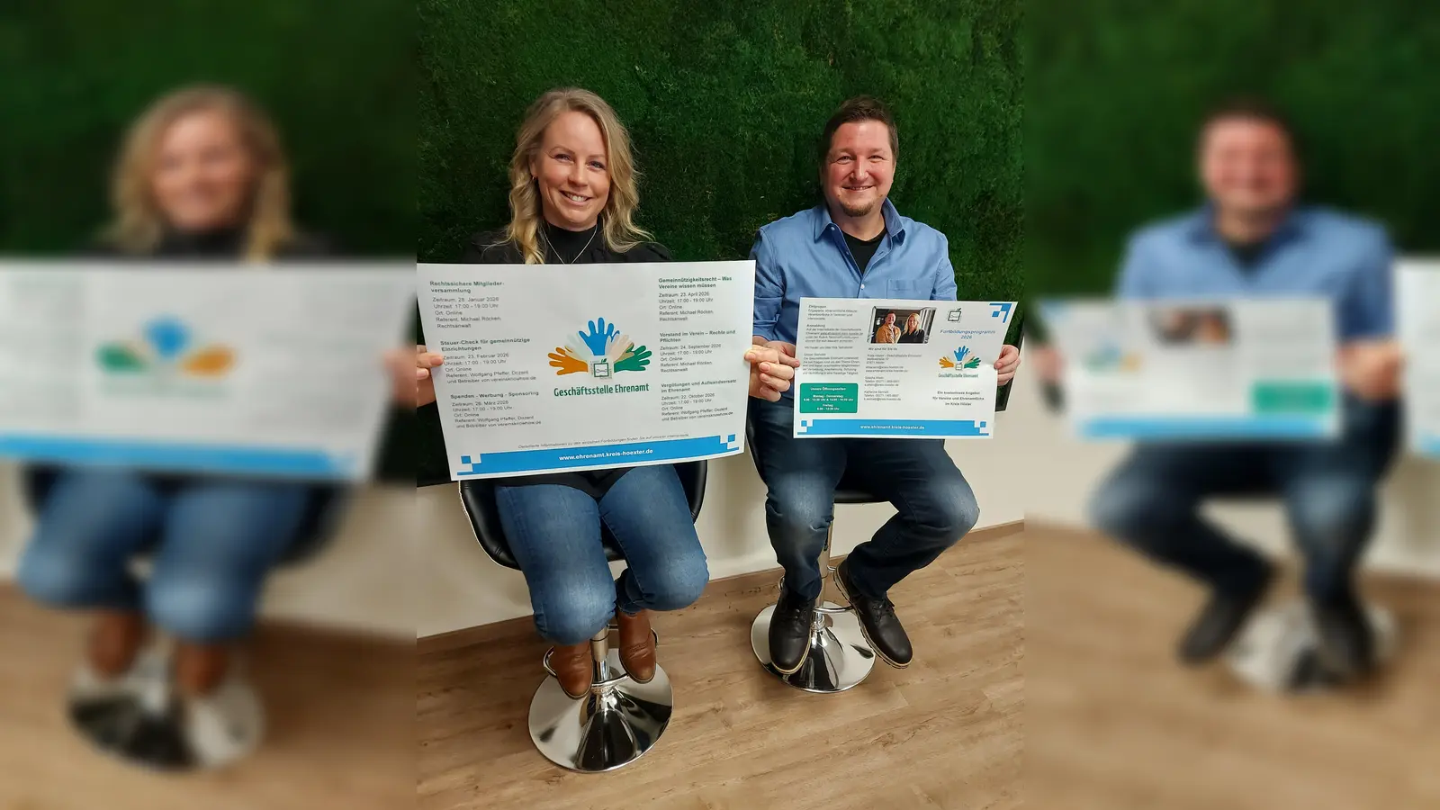 Ehrenamtsmanagerin Katharina Serinelli und Sascha Atteln von der Geschäftsstelle Ehrenamt des Kreises Höxter freuen sich auf die Online-Fortbildung „Spenden – Werbung – Sponsoring“ und setzen für Donnerstag, 27. März, auf rege Resonanz. (Foto: Kreis Höxter)