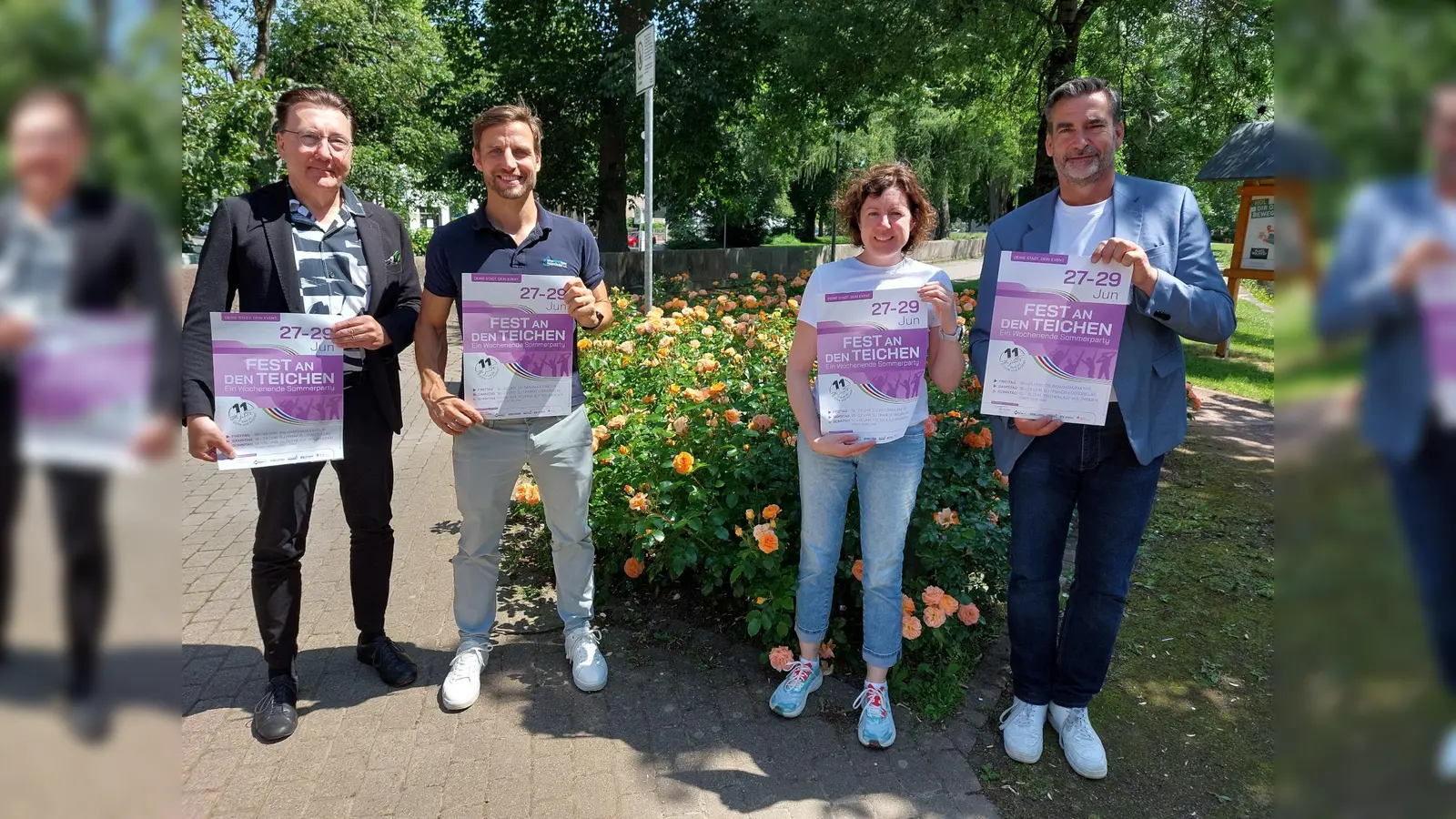 Laden ein zum Fest an den Teichen (v.l.): Volkmar Stanoschek, Geschäftsführer Stadtmarketing Holzminden GmbH, Steve Sander, Geschäftsführer Kreissportbund Holzminden e.V., Isabell Adam, Teamleitung PR &amp; Marketing des Stadtmarketings Holzminden, und Bürgermeister Christian Belke. (Foto: Stadtmarketing Holzminden GmbH)