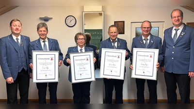 Ehrenmitglieder 2026 (v.l.): Tristan Glunz (2. Vorsitzender), Uwe Prüfer, Martina Vogel, Rainer Blömeke, Michael Henke, Stefan Schauf (1. Vorsitzender). (Foto: Musikverein Scherfede / privat)