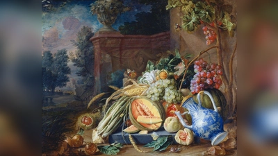 Stillleben mit Gemüse und Früchten vor einer Gartenlaube. (Foto: privat)