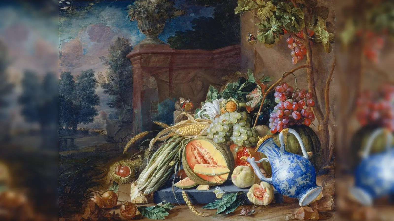 Stillleben mit Gemüse und Früchten vor einer Gartenlaube. (Foto: privat)