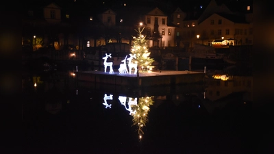 Der schwimmende Weihnachtsbaum spiegelt sich im Hafenbecken.  (Foto: Barbara Siebrecht)