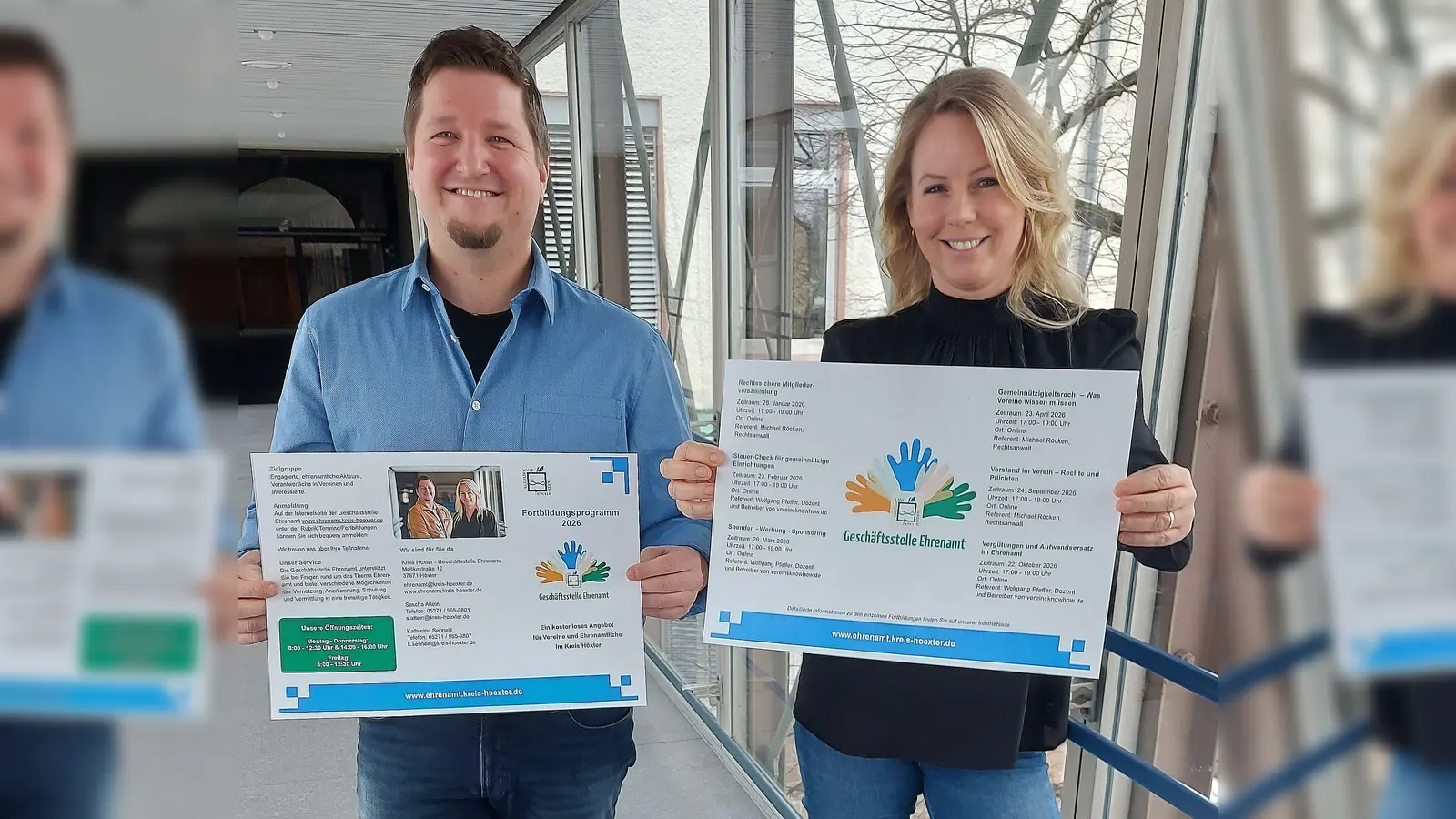 Ehrenamtsmanagerin Katharina Serinelli und Sascha Atteln von der Geschäftsstelle Ehrenamt des Kreises Höxter freuen sich auf die Online-Fortbildung „Vergütungen und Aufwandsersatz im Ehrenamt“ und setzen für Donnerstag, 22. Oktober, auf rege Resonanz. (Foto: Kreis Höxter)