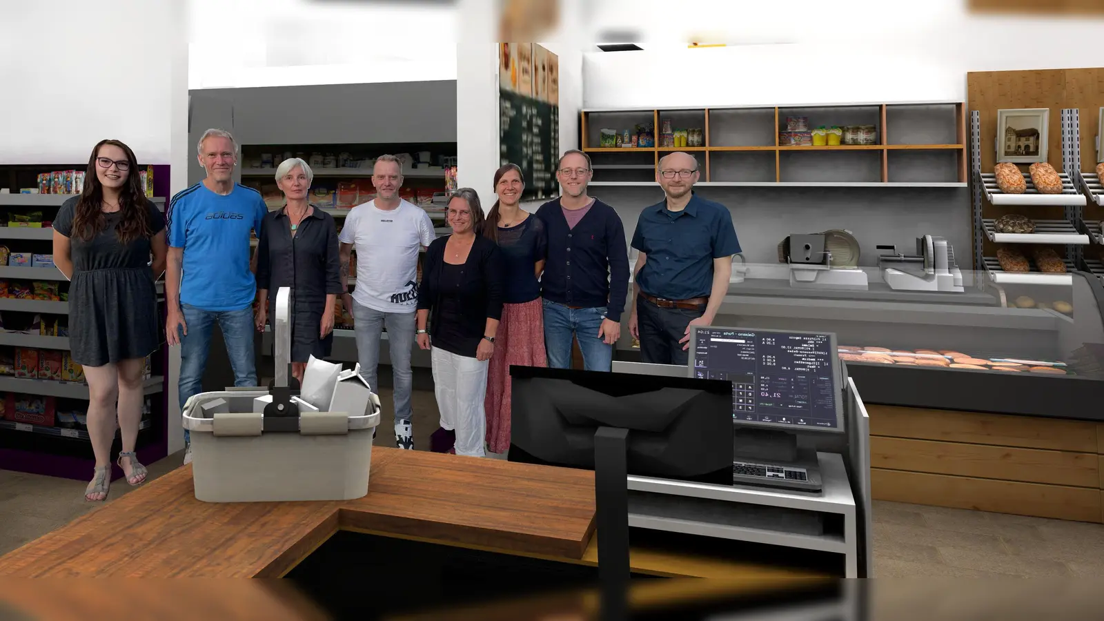 Innenansicht des Dorfladen Amelunxen nach den geplanten Umbauarbeiten. Dorfladen-Team, von Links: Julia Heße, Sven Mindermann, Cornelia Moers-Mindermann, Michael Knaup, Antje Kayser, Stefanie und Chris Höttemann, Frank Hadwiger. (Foto: Foto: Foto-Montage: Frank Hadwiger)