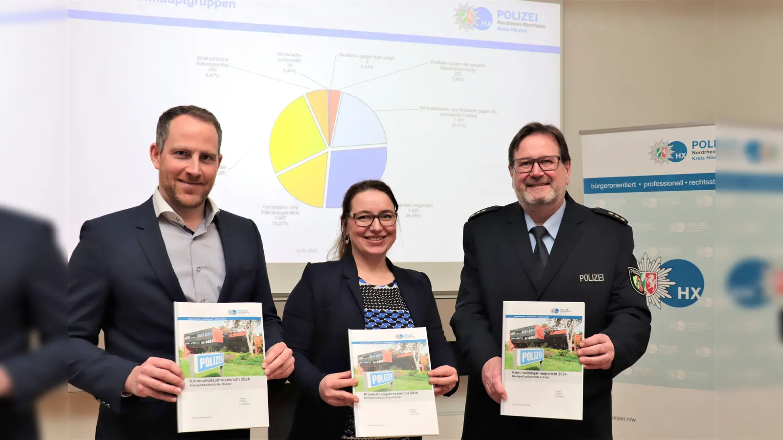 Kriminalrat Daniel Vogel, Kreisdirektorin Manuela Kupsch und Polizeidirektor Christian Brenski stellen den Kriminaljahresbericht 2024 vor. (Foto: Kreispolizeibehörde Höxter)