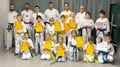 Strahlende Gesichter nach der erfolgreichen Gürtelprüfung bei der Taekwon Do Kampfgemeinschaft Boffzen-Fürstenberg (hinten von links): Trainer Magnus Heisler, René Kalenberg, Trainerin Natalie Wiesner, Stefan Laufenburg, Nils Löhmann und Trainer Günter Potthast. Mittlere Reihe von links: Mats Hille, Yusuf Cizme, Vasily Schmidt, Adriano Scicchitano, Stella Strieder, Lucy Bost und Pascal Glänzel. Vorne von links: Marina Eckert, Talea Voss, Isabella Malena, Kira Bost, Lisa Schmidt und Janneck Weyer. (Foto: MTV Boffzen)