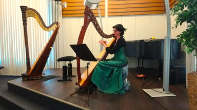 Lydie Römisch an der keltischen Harfe. (Foto: Doris Dietrich)