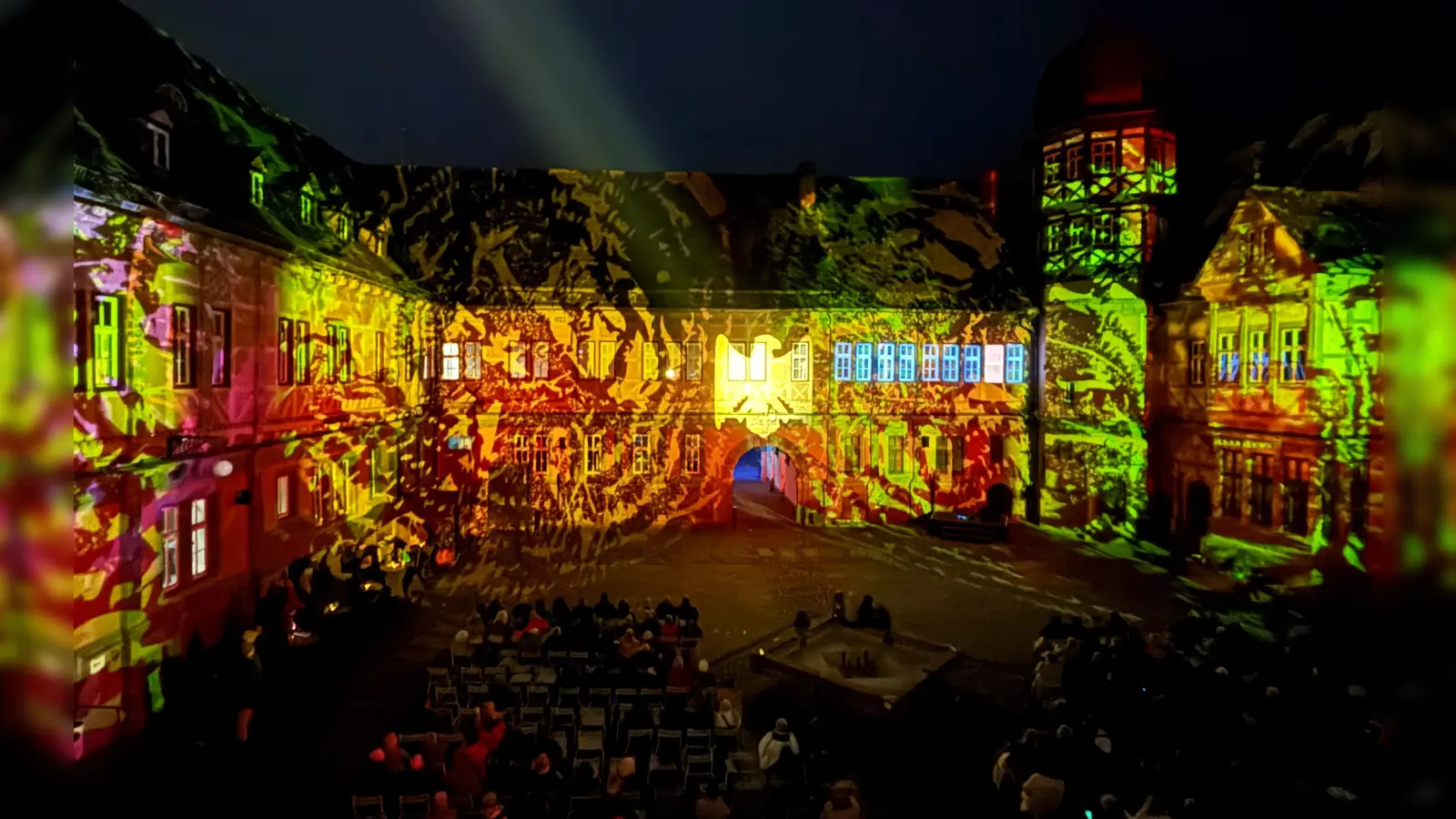 Auf nahezu 300 Grad der Schlossfassade werden faszinierende Lichtbilder und bewegte Szenen projiziert. Dazu erklingt die Tonkulisse im Dolby-Surround-Sound. (Foto: privat)